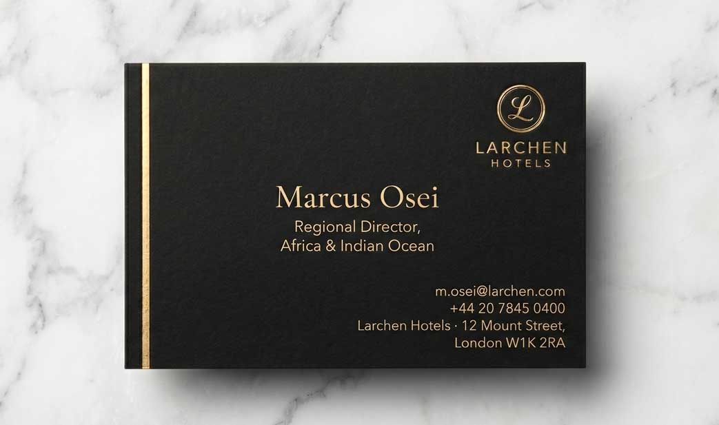 Marcus Osei business card, Larchen Hotels (fictional demo)